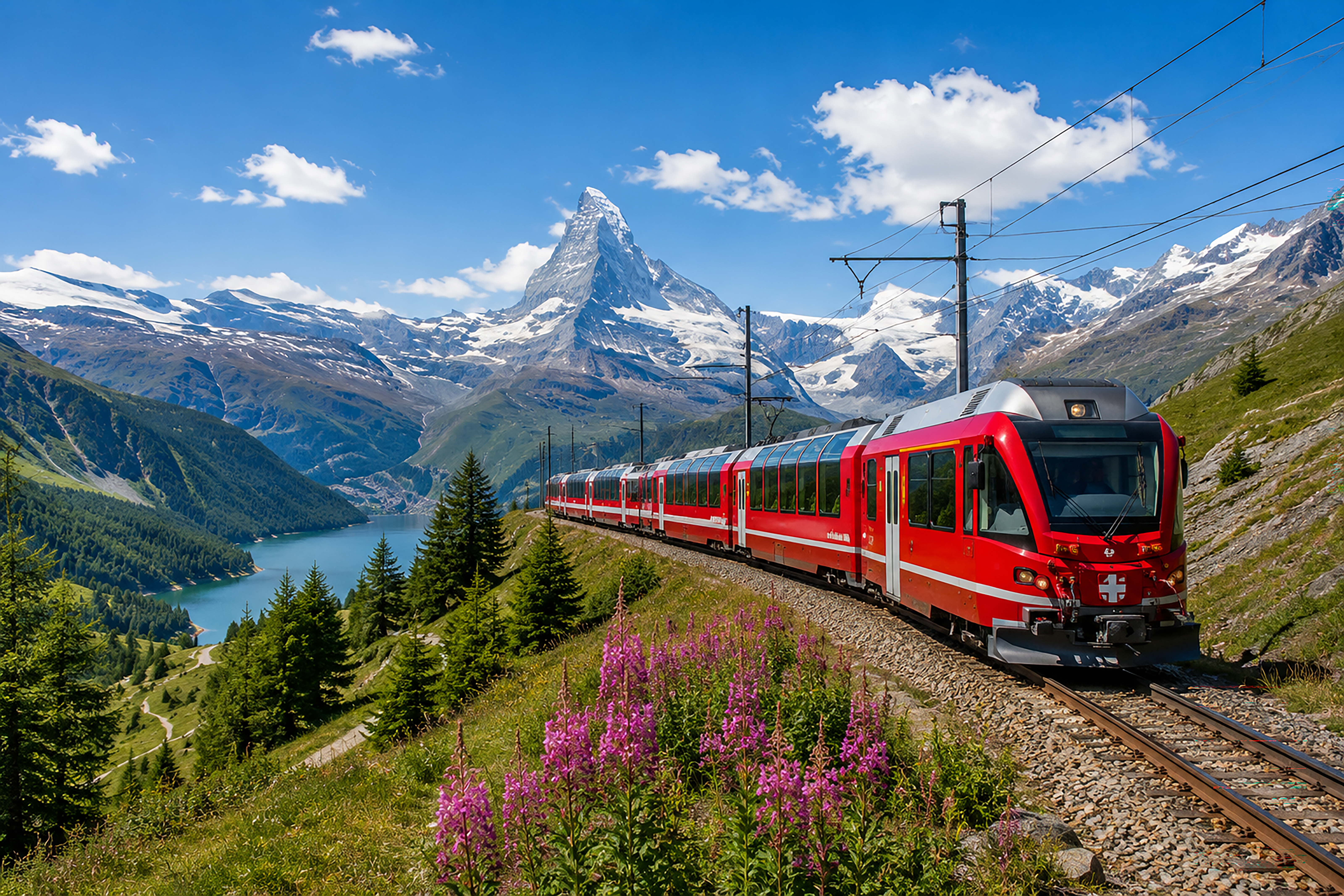 Swiss train traveling through a dramatic Alpine landscape