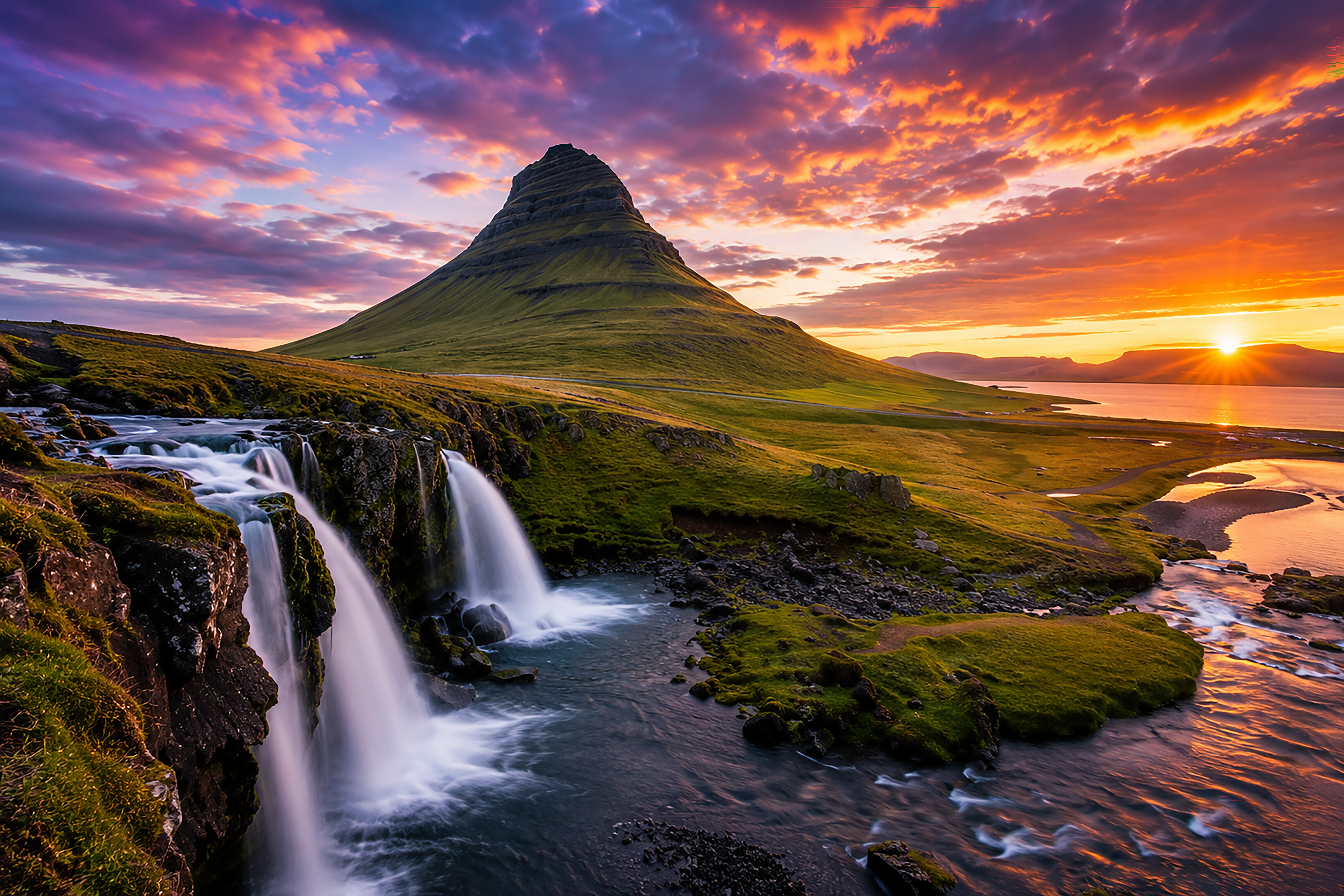 Dramatic Icelandic landscape with mountains, water, and golden evening light