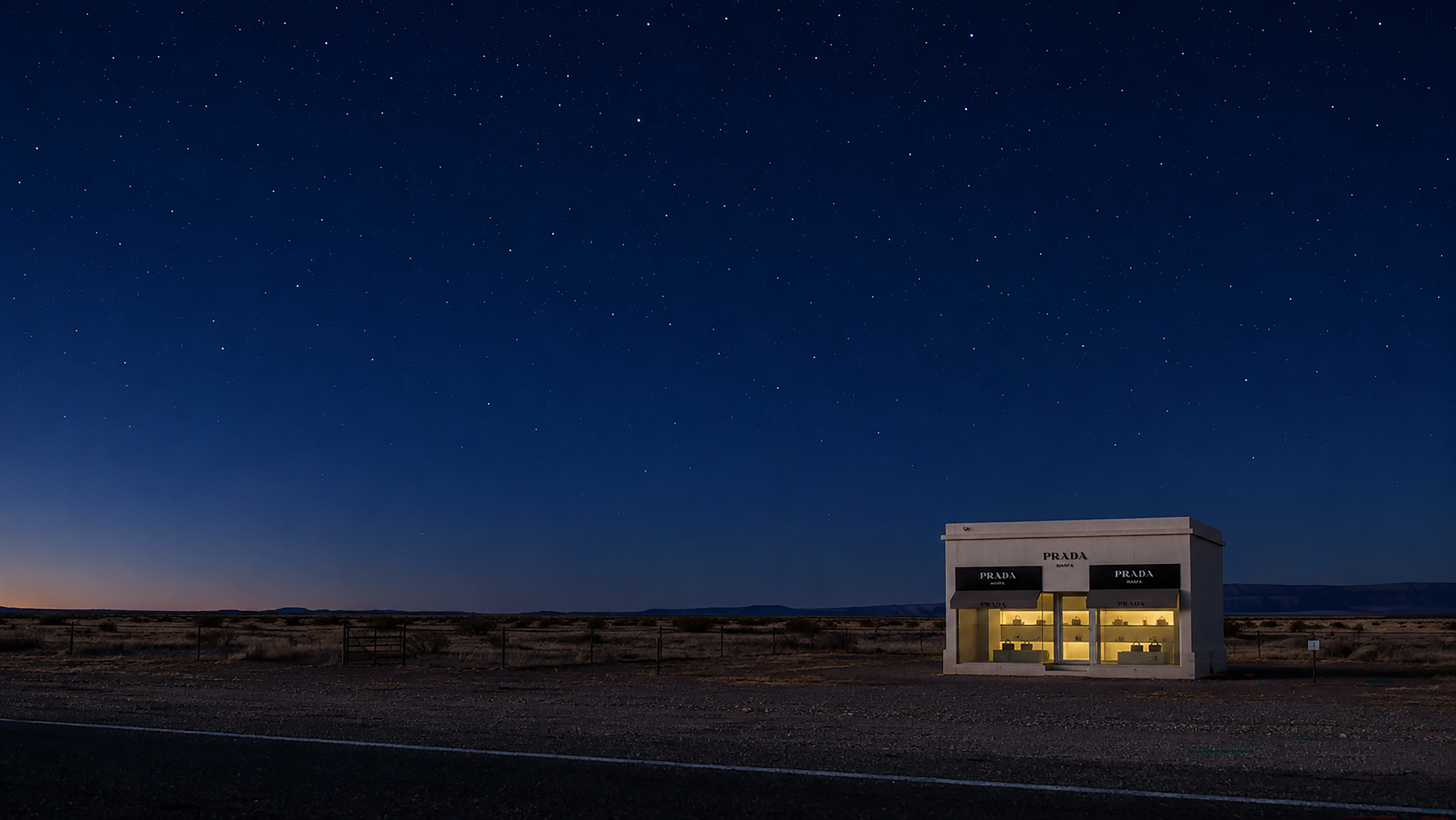 A minimalist art installation beside an empty highway beneath the Far West Texas sky