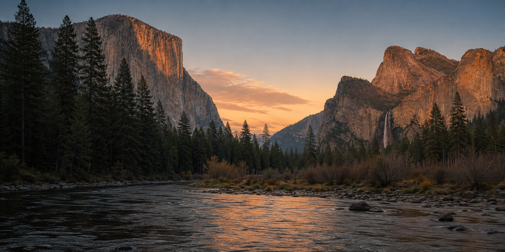 The Merced River flowing through Yosemite Valley beneath granite cliffs in warm evening light